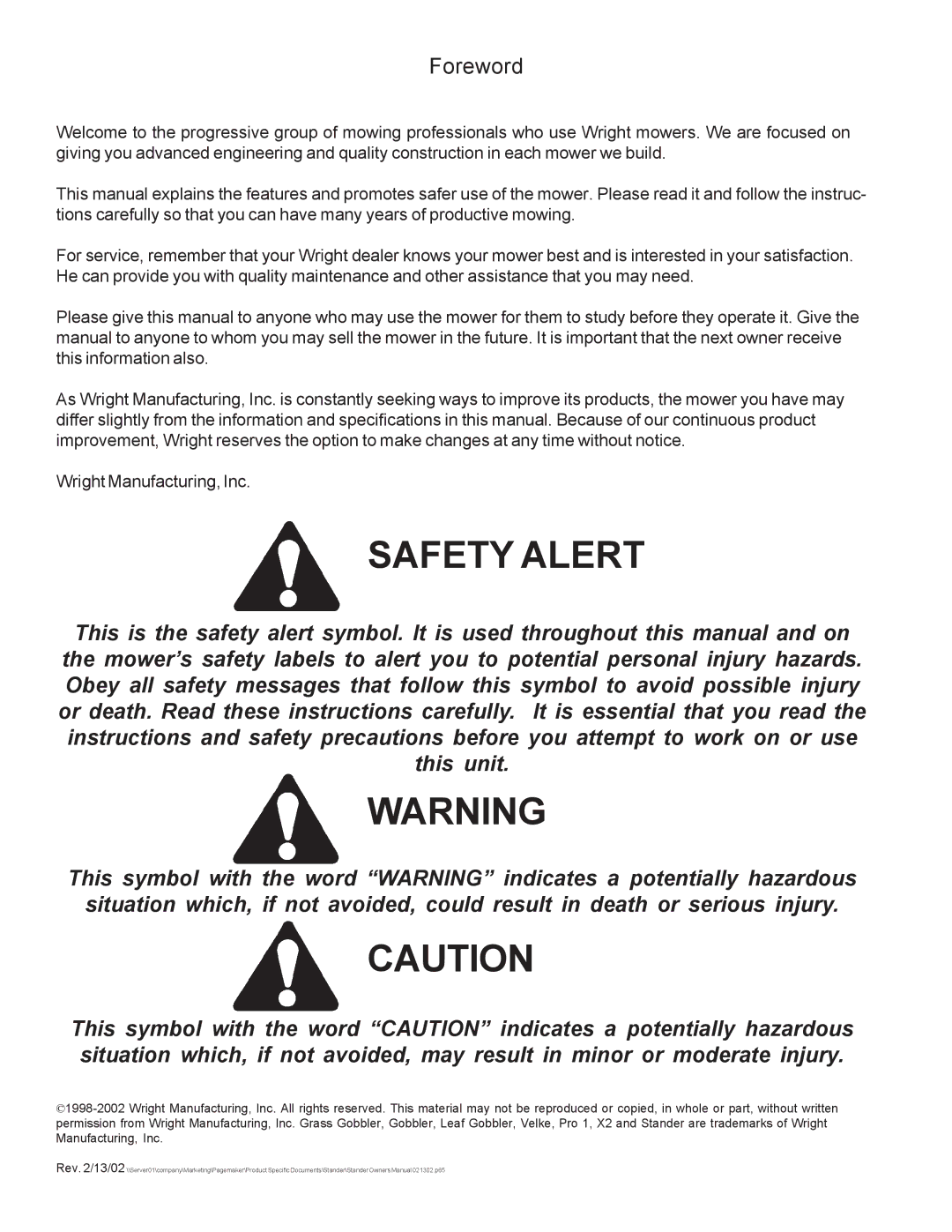 Wright Manufacturing Mower owner manual Safety Alert 