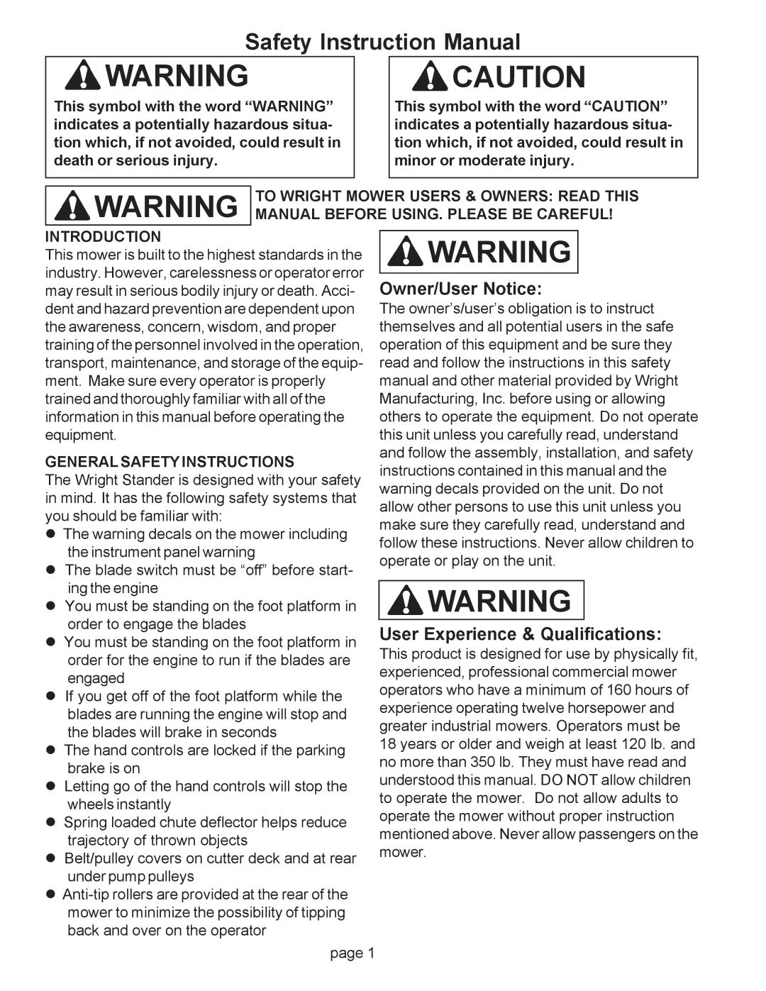 Wright Manufacturing Mower owner manual Owner/User Notice, User Experience & Qualifications 