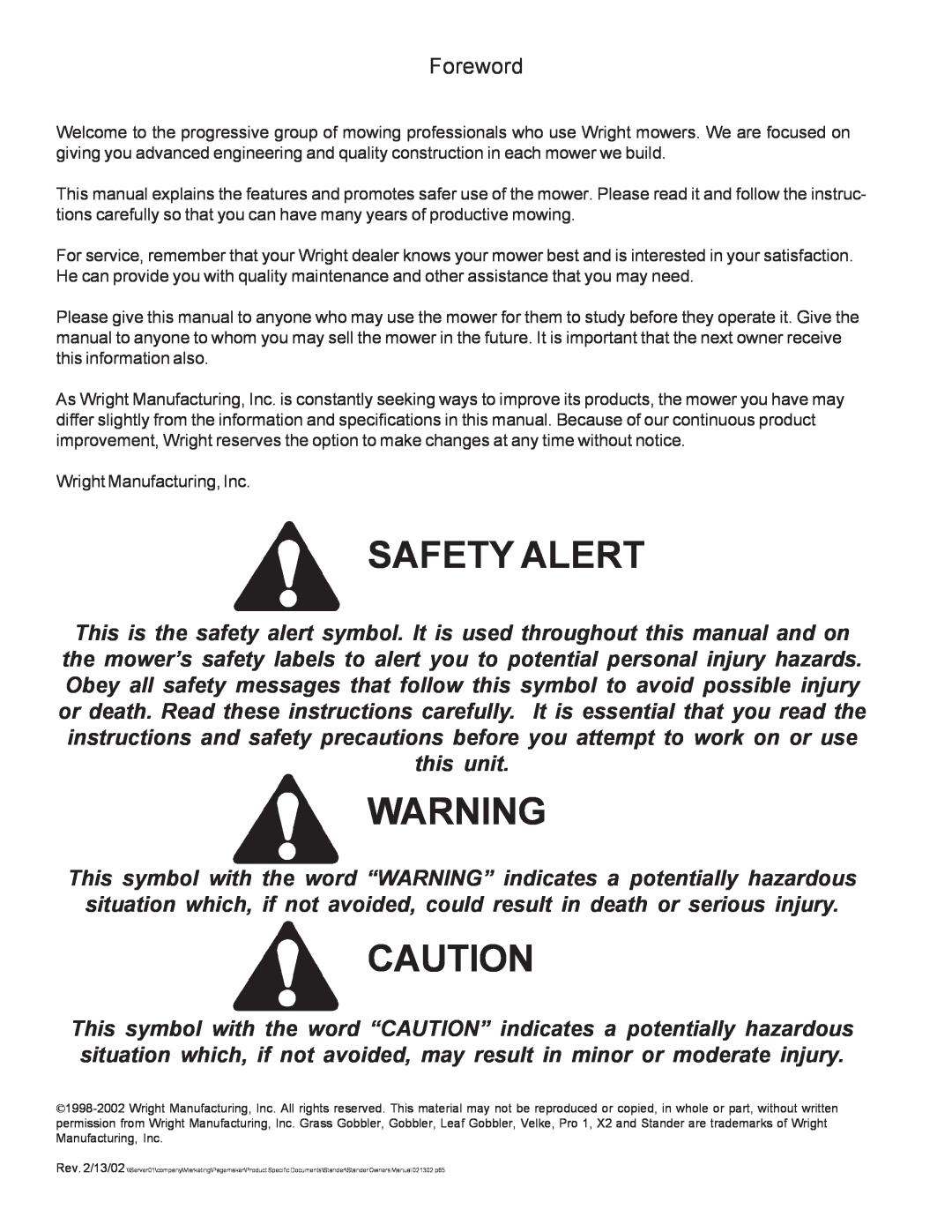 Wright Manufacturing Mower owner manual Foreword, Safety Alert 