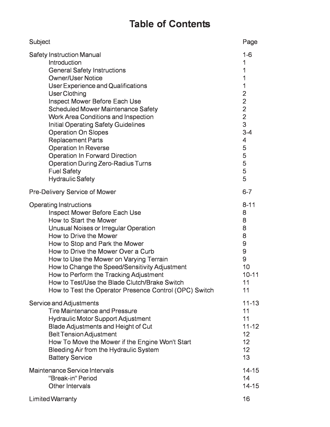 Wright Manufacturing Mower owner manual Table of Contents 