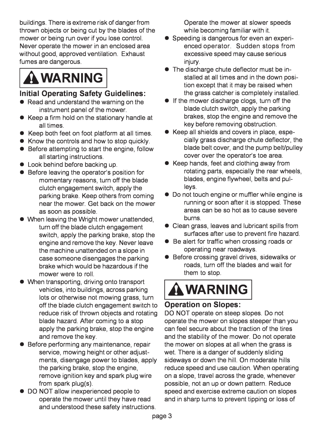 Wright Manufacturing Mower owner manual Initial Operating Safety Guidelines, Operation on Slopes 