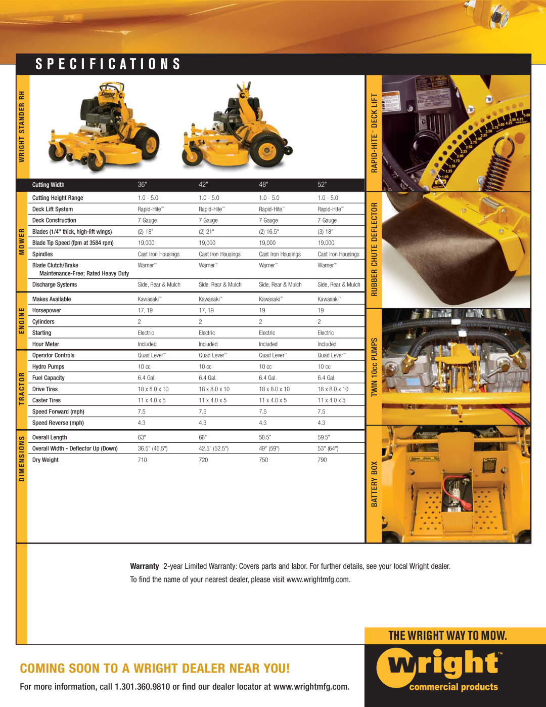 Wright Manufacturing Rapid-Hite Mower dimensions Specification S, Lift, Chute, Box, Deck Hite Rapid 