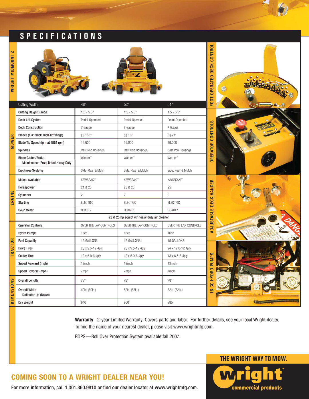 Wright Manufacturing Wright Midmount Z dimensions Specification S, W E R G I N E A C T O R M E N S I O N S, Deck 