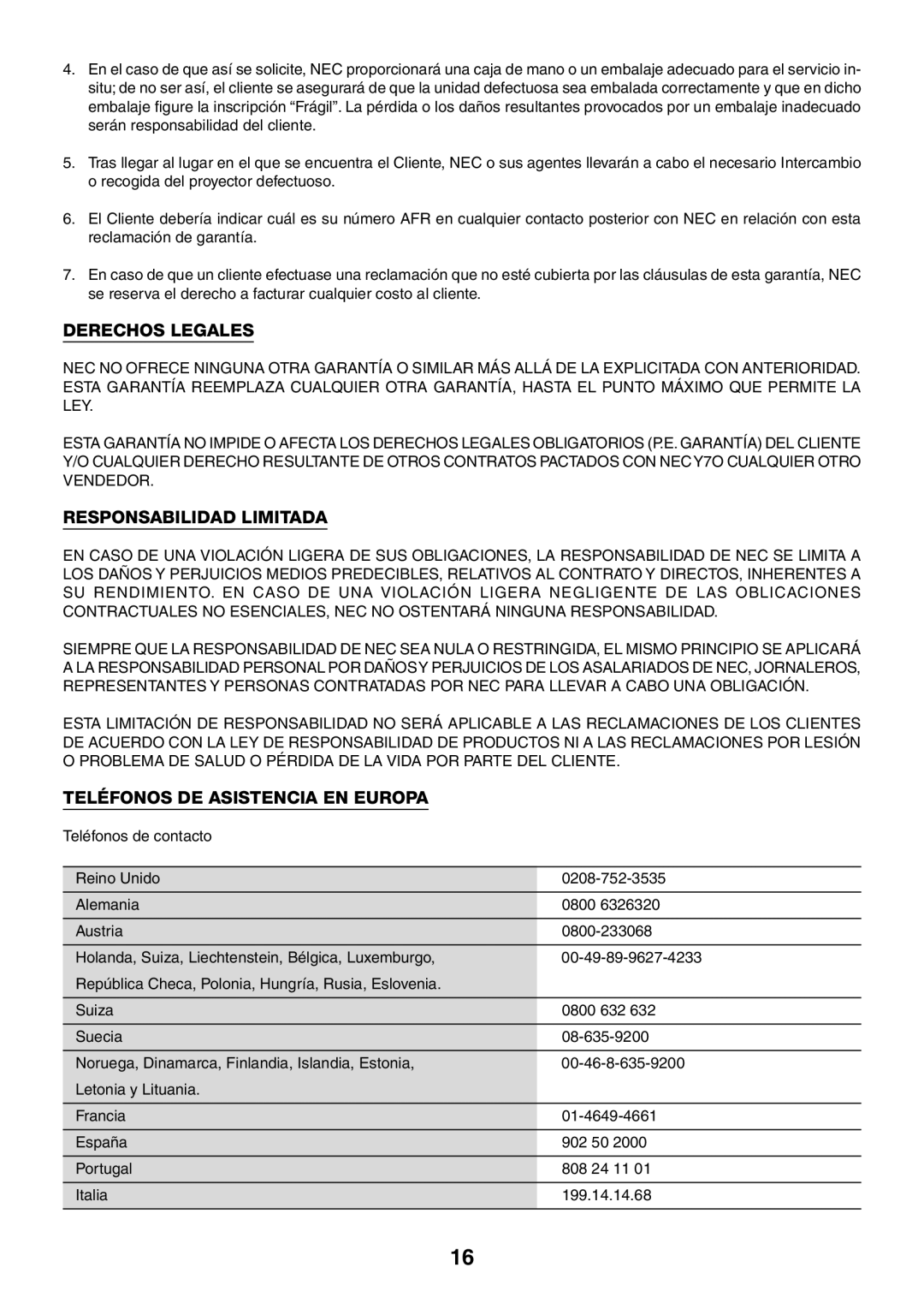 WS-Spalluto WS-Spalluto manual Derechos Legales, Responsabilidad Limitada, Teléfonos DE Asistencia EN Europa 