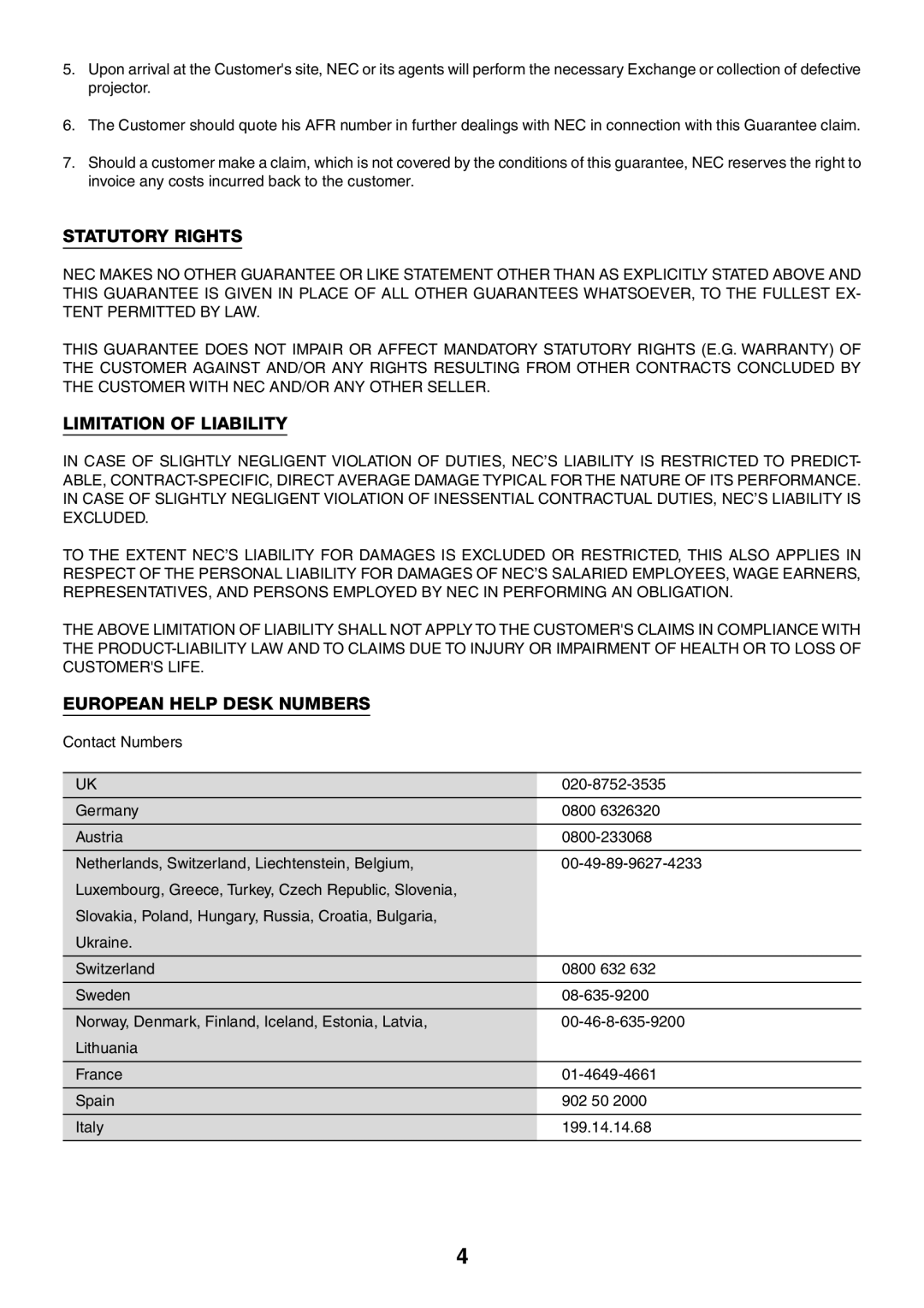 WS-Spalluto WS-Spalluto manual Statutory Rights, Limitation of Liability, European Help Desk Numbers 