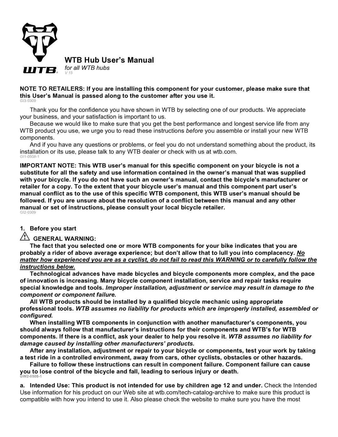 WTB HU1-0508-1, V 15, IU2-0508-1, GI3-0309, HU2-0508-1, G12-0508-1 user manual WTB Hub User’s Manual, Before you start 