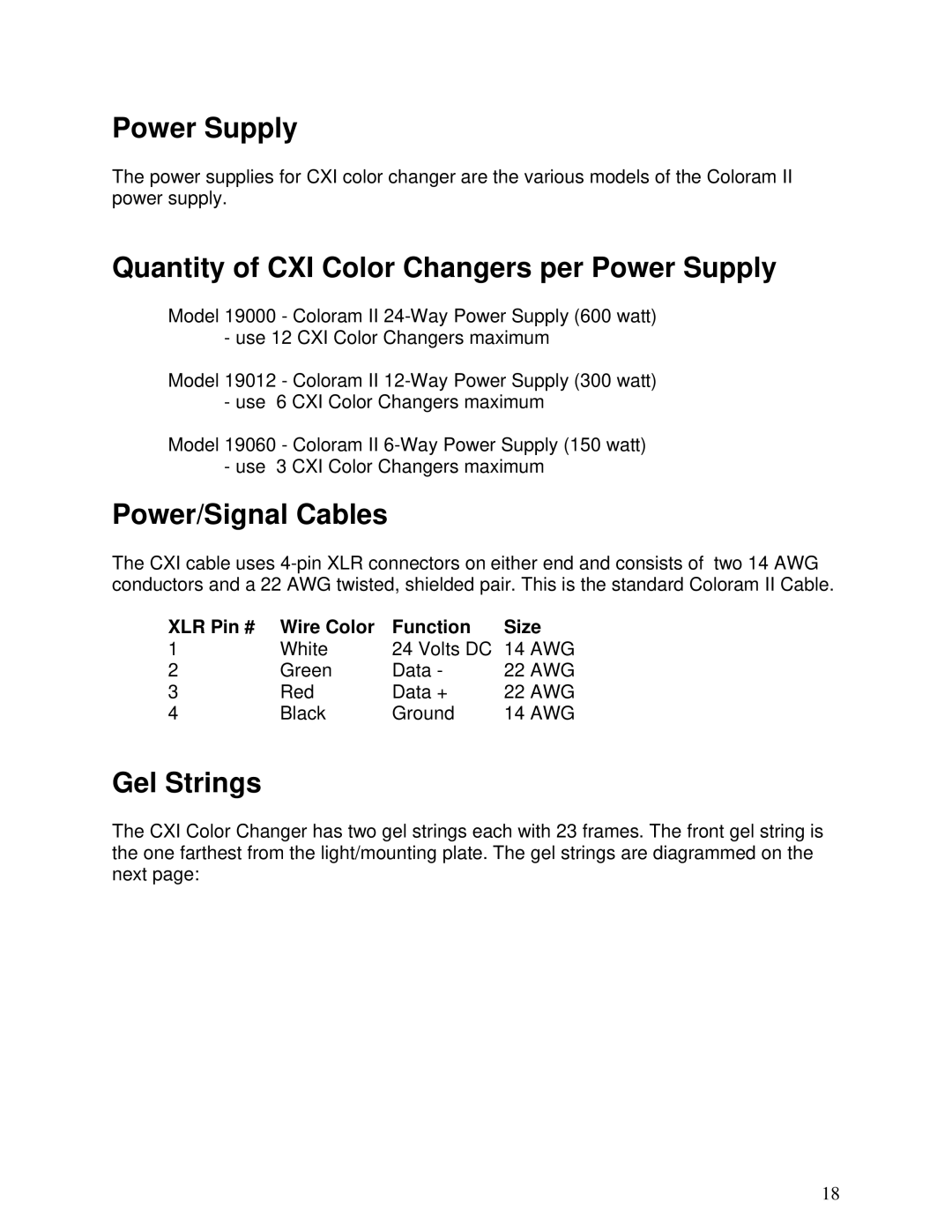 Wybron N/A user manual Quantity of CXI Color Changers per Power Supply, Power/Signal Cables, Gel Strings 