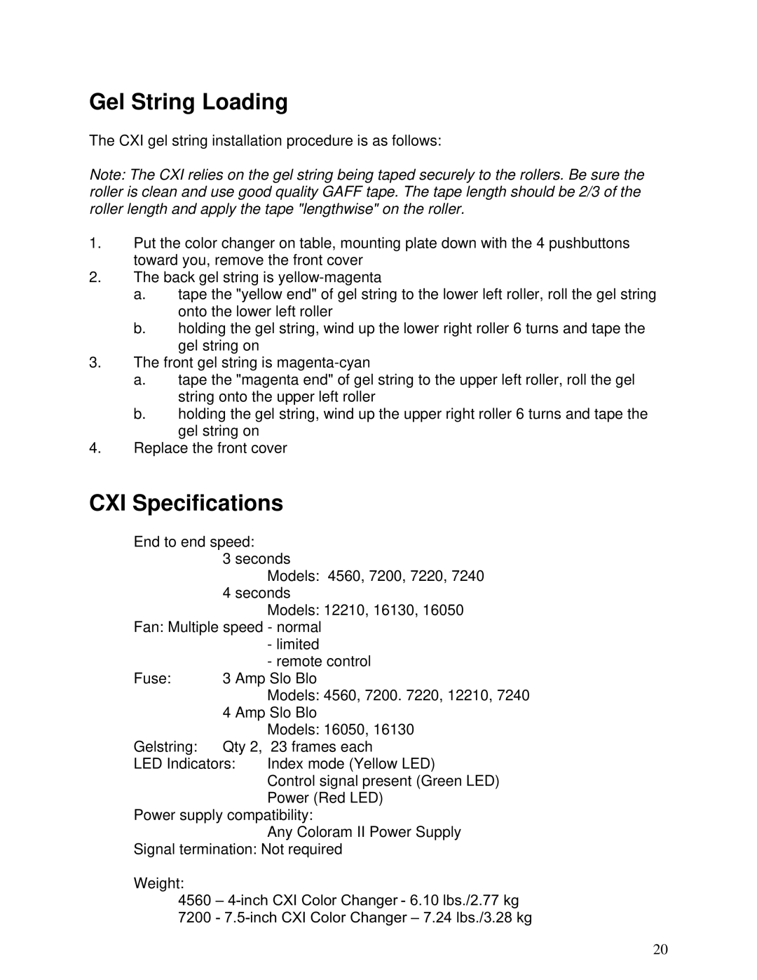 Wybron N/A user manual Gel String Loading, CXI Specifications 