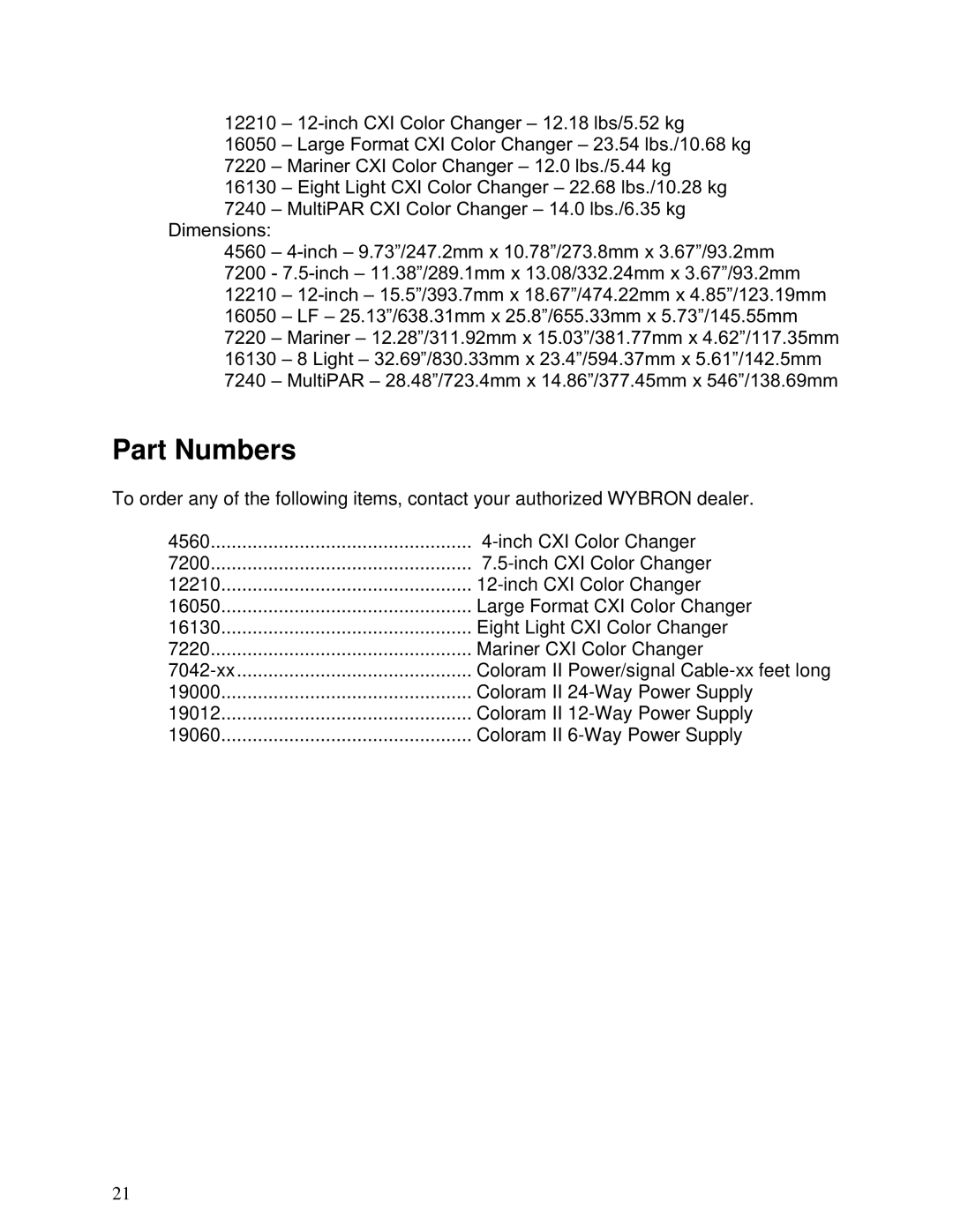 Wybron N/A user manual Part Numbers 