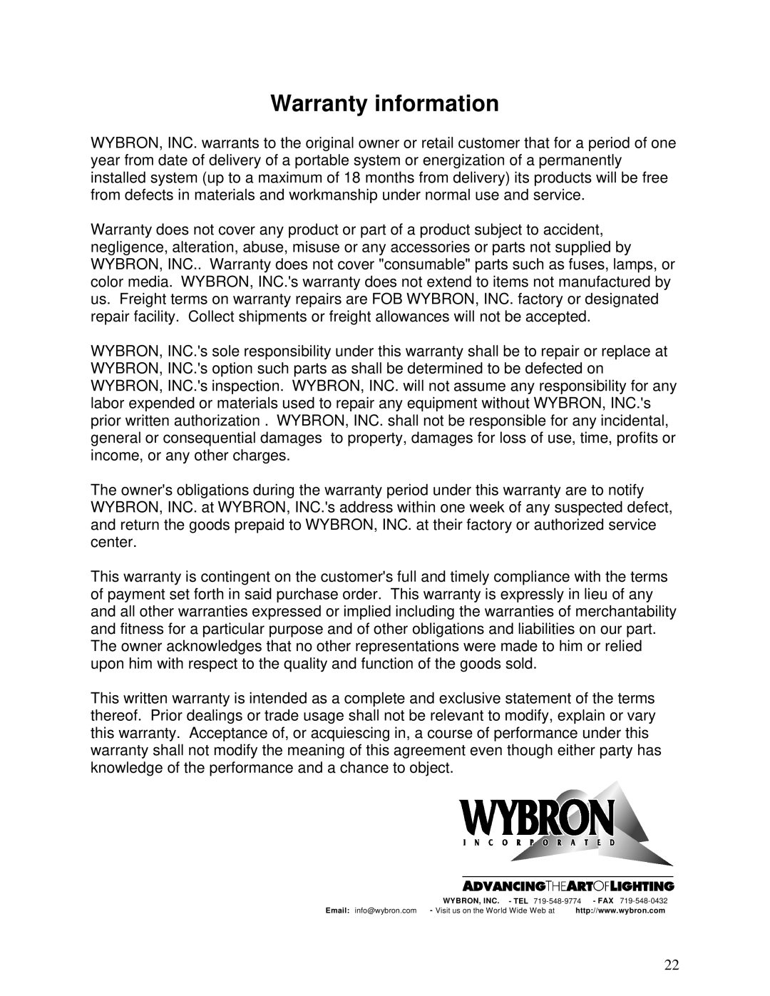 Wybron N/A user manual Warranty information 