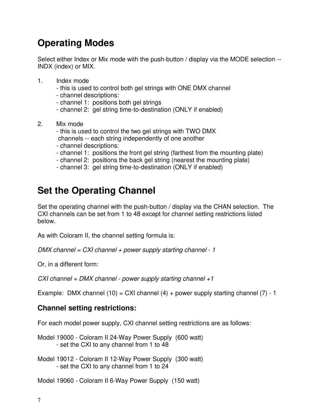 Wybron N/A user manual Operating Modes, Set the Operating Channel, Channel setting restrictions 