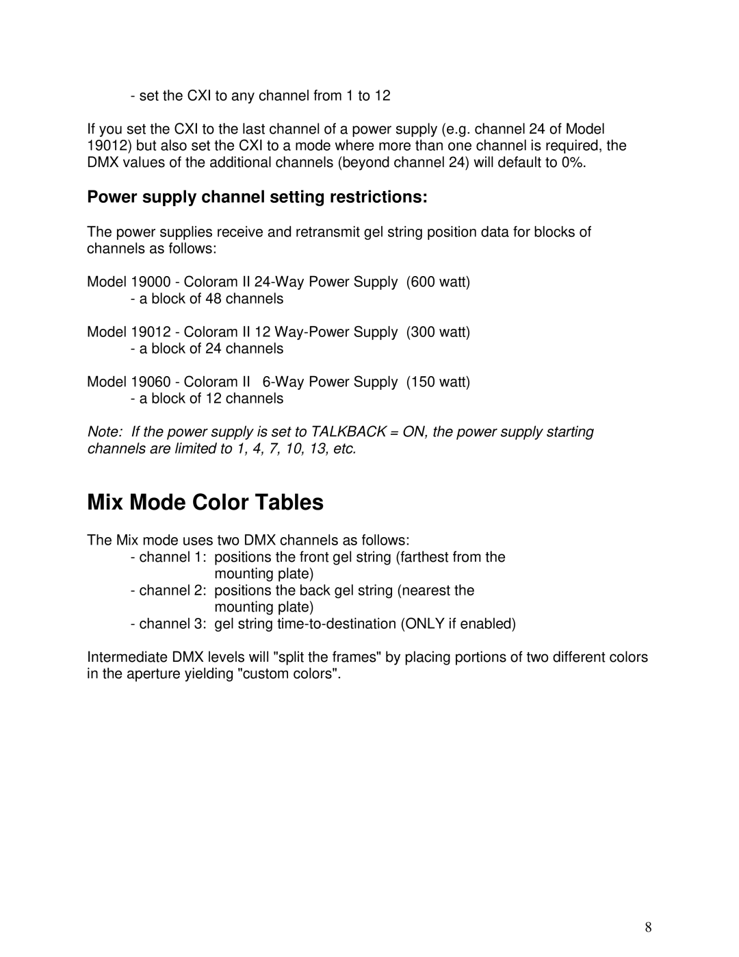 Wybron N/A user manual Mix Mode Color Tables, Power supply channel setting restrictions 