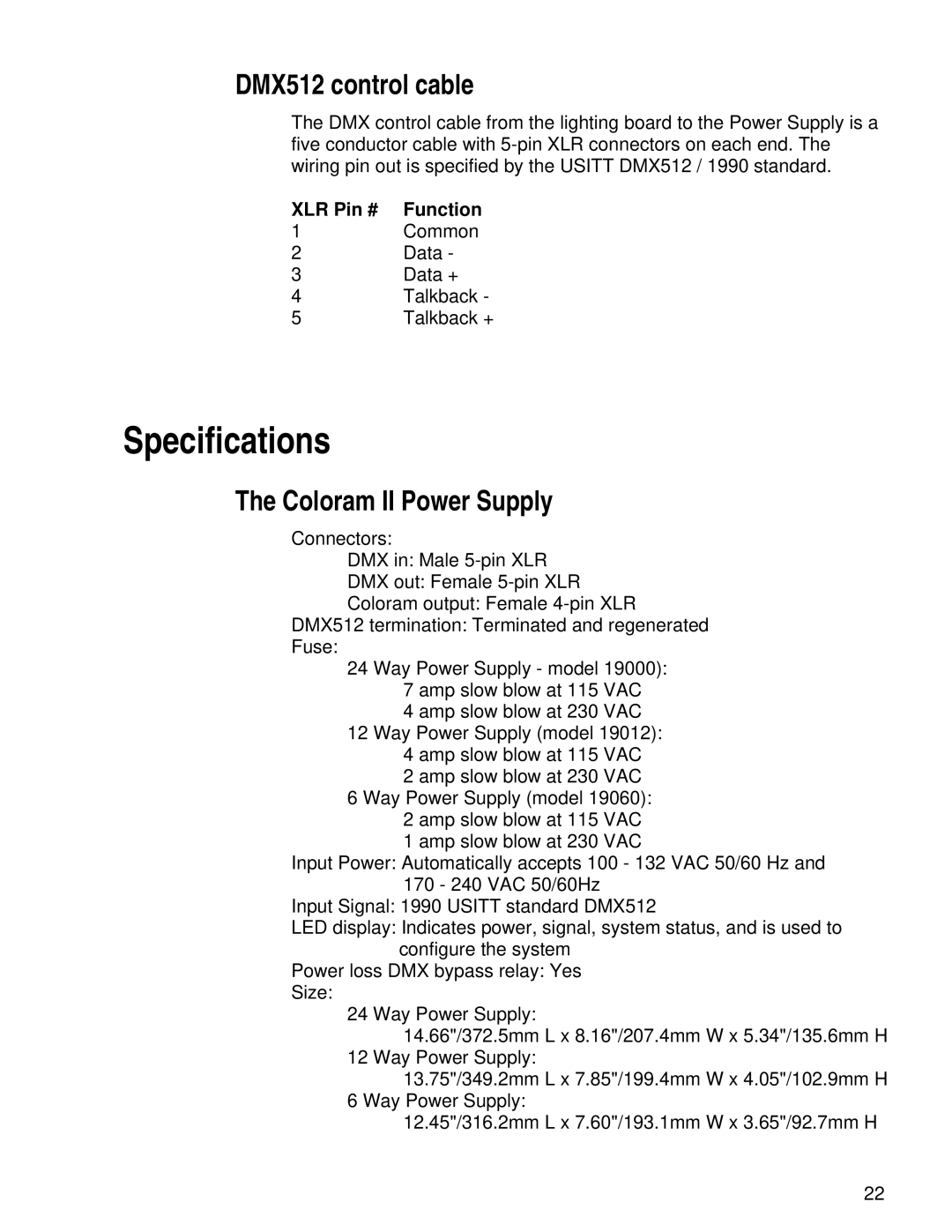 Wybron pmn user manual Specifications, DMX512 control cable, Coloram II Power Supply 