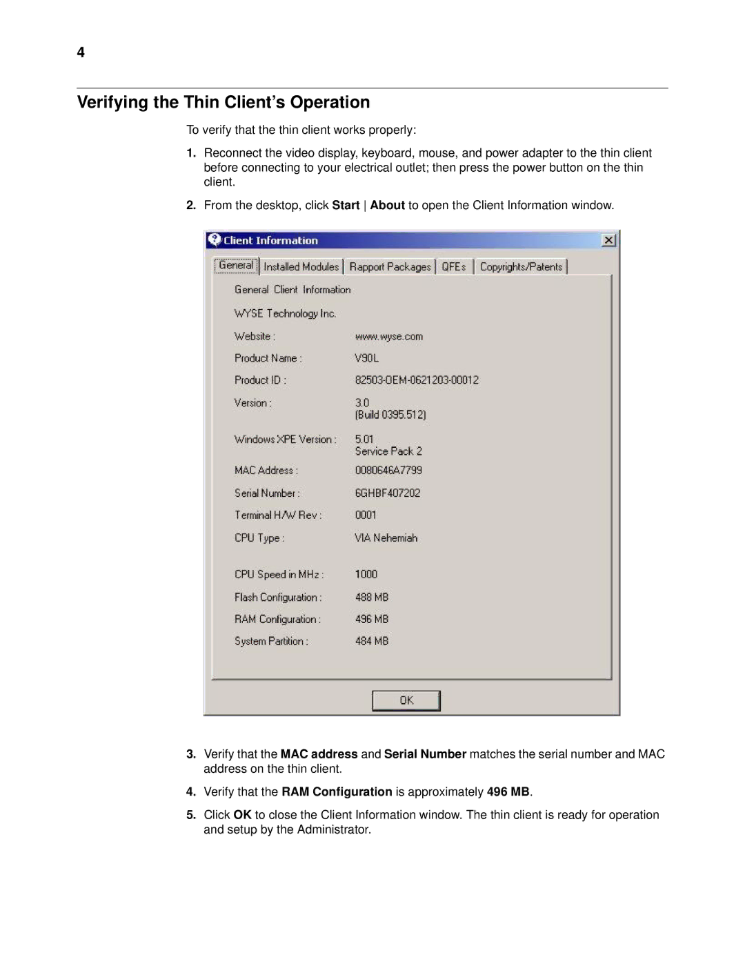 Wyse Technology 022108 manual Verifying the Thin Client’s Operation 