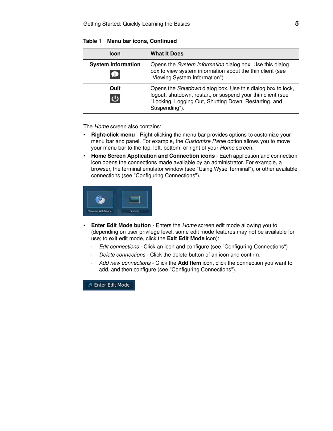 Wyse Technology 060413 manual Menu bar icons Icon What It Does System Information, Quit 