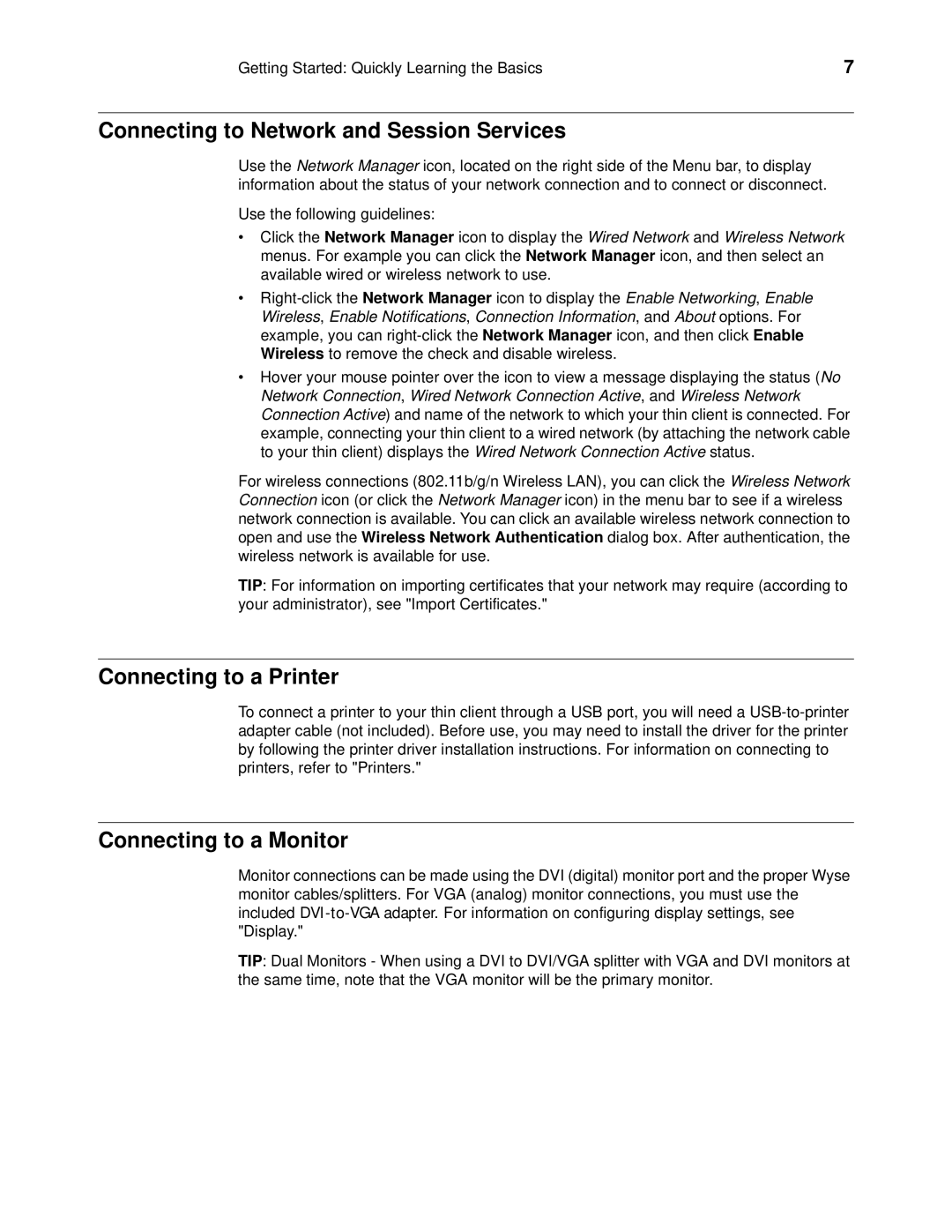 Wyse Technology 060413 manual Connecting to Network and Session Services, Connecting to a Printer, Connecting to a Monitor 