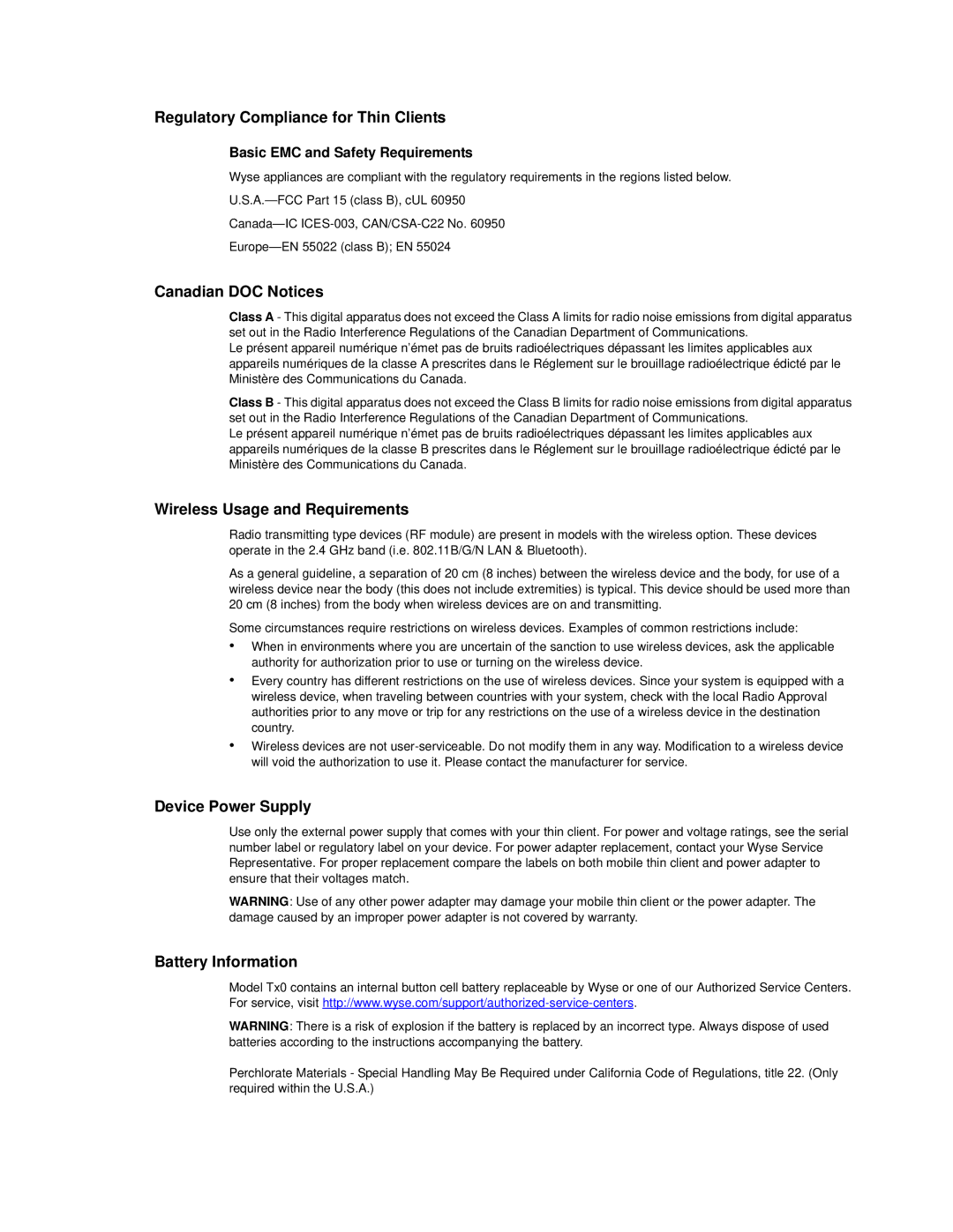 Wyse Technology 060413 manual Regulatory Compliance for Thin Clients, Canadian DOC Notices, Wireless Usage and Requirements 