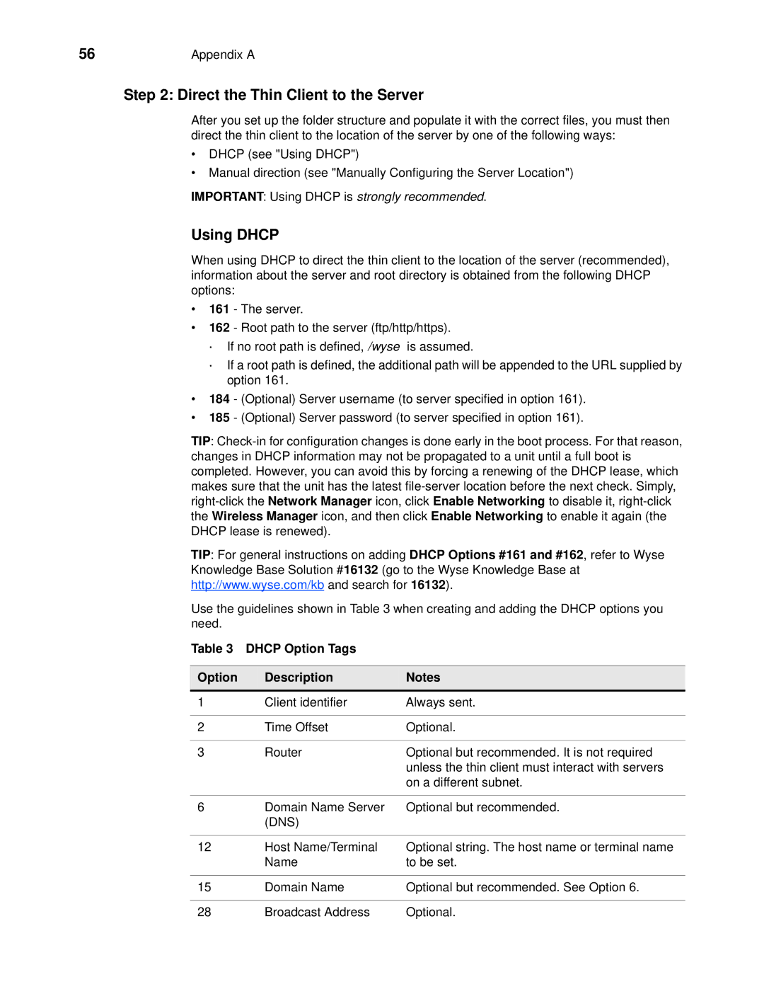 Wyse Technology 060413 manual Direct the Thin Client to the Server, Using Dhcp, Dhcp Option Tags Description 