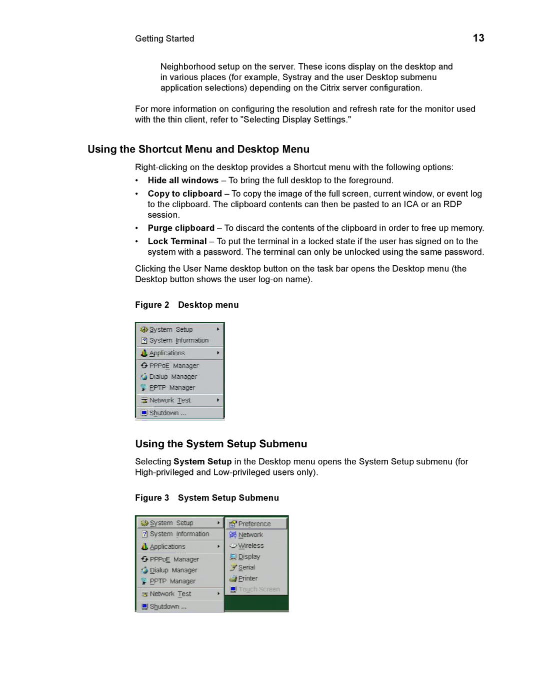 Wyse Technology 883681-08 Rev. E manual Using the Shortcut Menu and Desktop Menu, Using the System Setup Submenu 