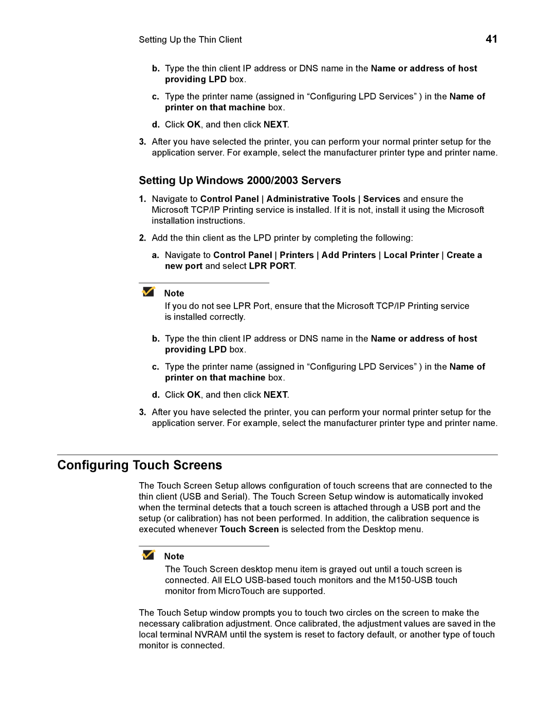 Wyse Technology 883681-08 Rev. E manual Configuring Touch Screens, Setting Up Windows 2000/2003 Servers 