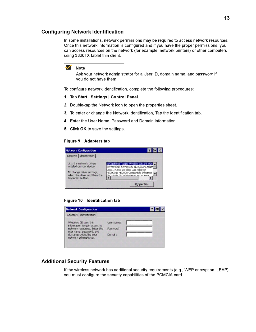 Wyse Technology 3820TX Configuring Network Identification, Additional Security Features, Tap Start Settings Control Panel 