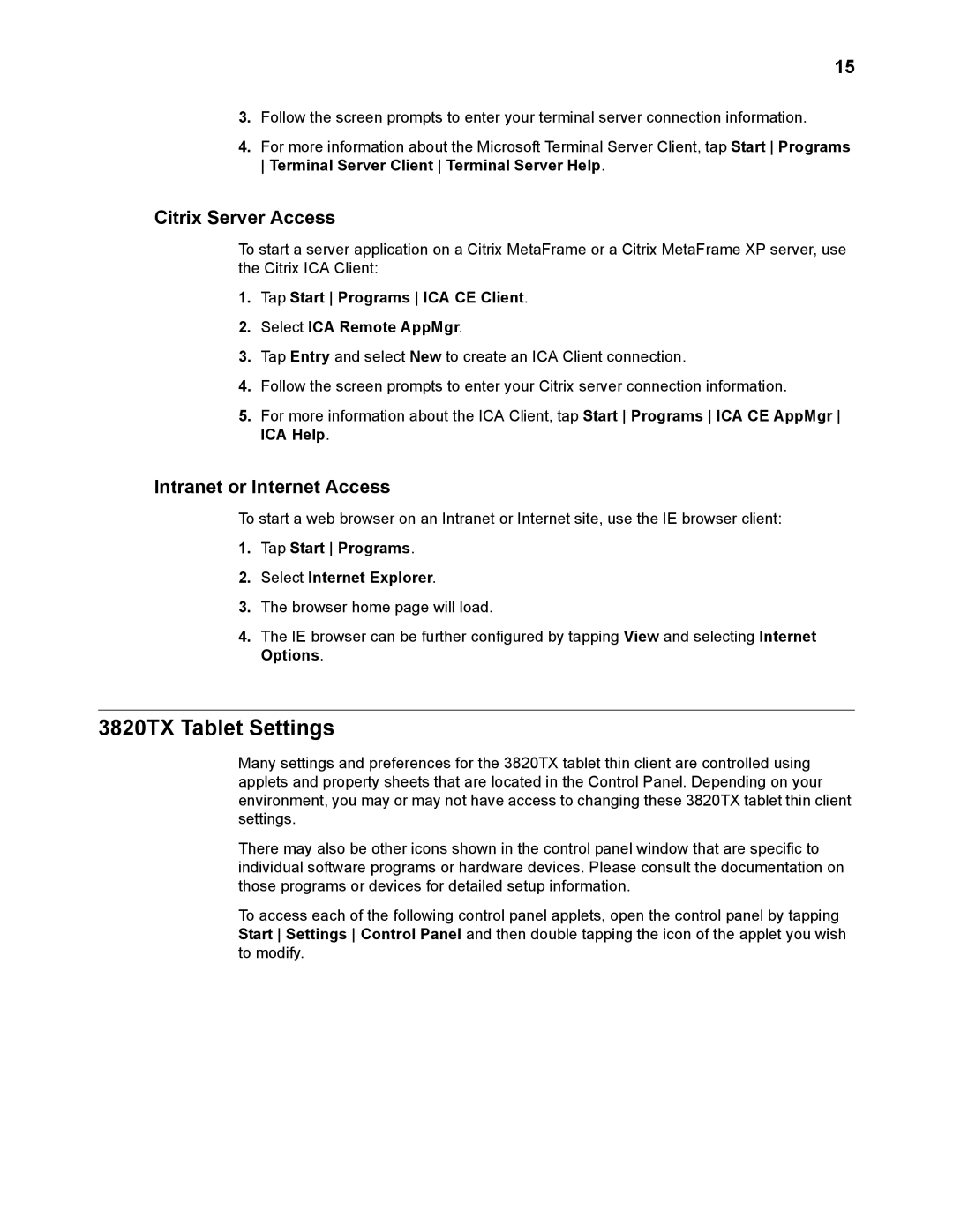 Wyse Technology manual 3820TX Tablet Settings, Citrix Server Access, Intranet or Internet Access 