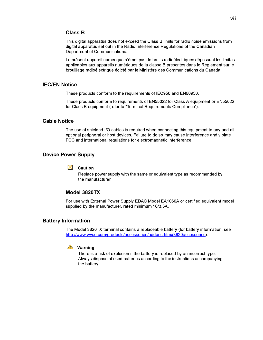 Wyse Technology manual Vii Class B, IEC/EN Notice, Cable Notice, Device Power Supply, Model 3820TX, Battery Information 