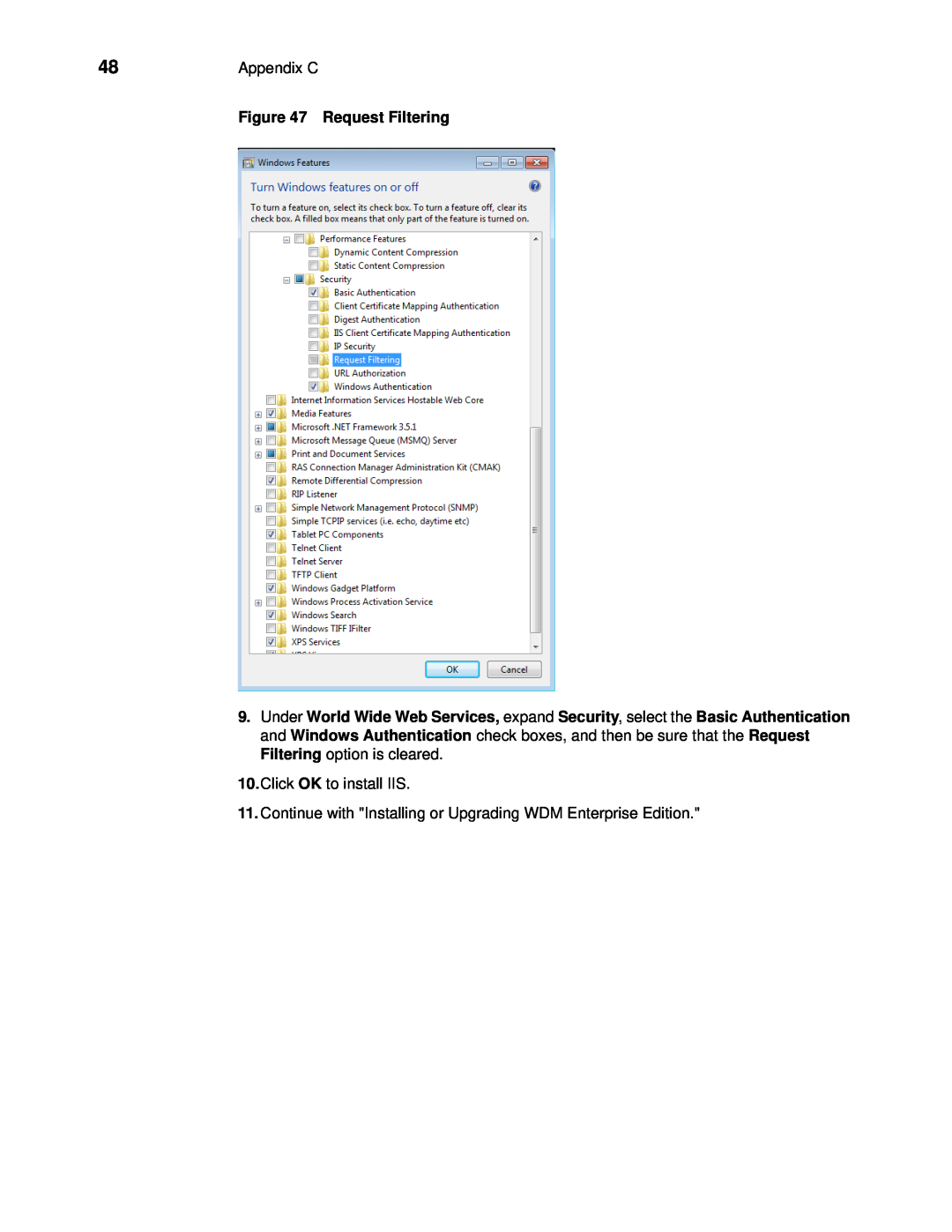 Wyse Technology 883886-01 manual Appendix C, Request Filtering, Click OK to install IIS 