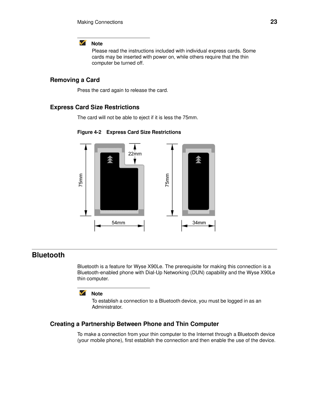 Wyse Technology 909522-41L manual Bluetooth, Removing a Card, Express Card Size Restrictions 