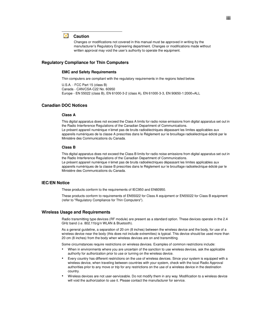 Wyse Technology 909522-41L manual Iii, Regulatory Compliance for Thin Computers, Canadian DOC Notices, IEC/EN Notice 