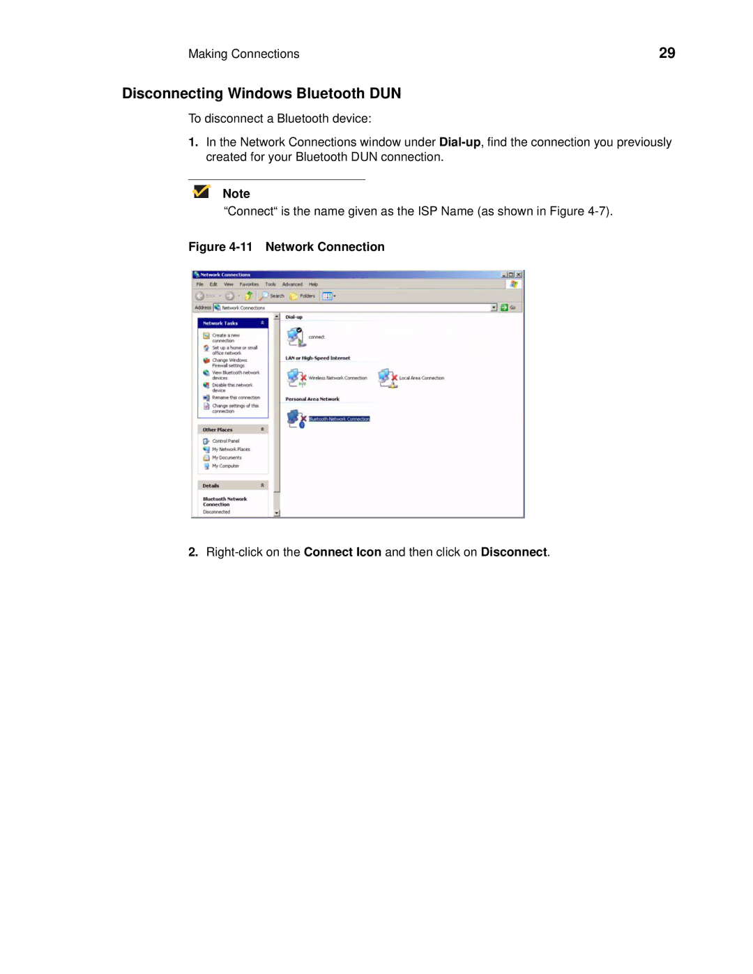 Wyse Technology 909522-41L manual Disconnecting Windows Bluetooth DUN, Network Connection 