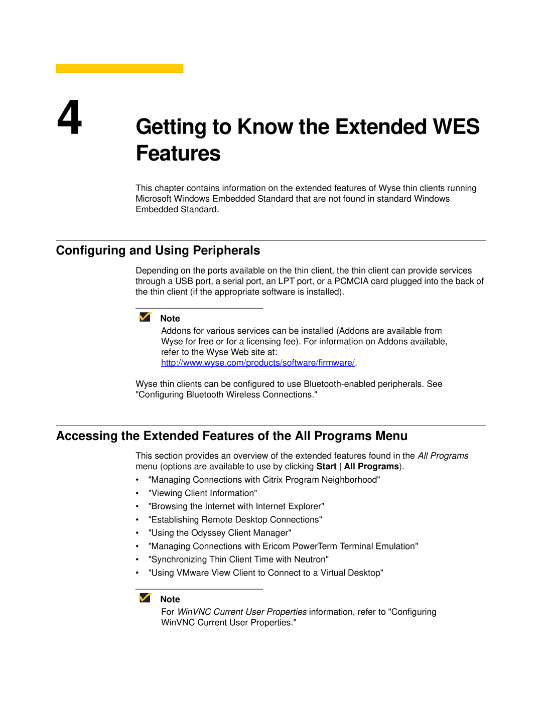 Wyse Technology 90955101L manual Getting to Know the Extended WES Features, Configuring and Using Peripherals 