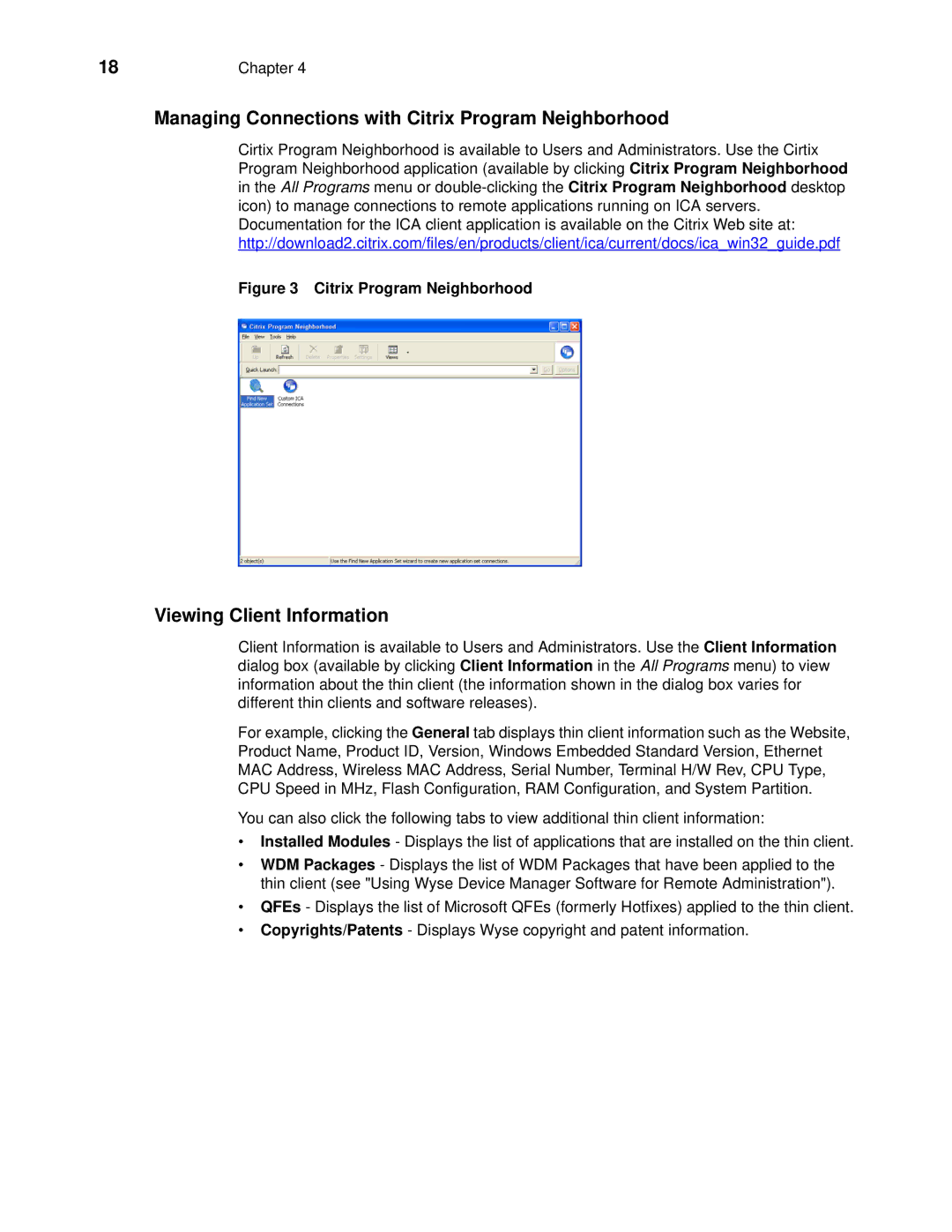 Wyse Technology 90955101L manual Managing Connections with Citrix Program Neighborhood, Viewing Client Information 