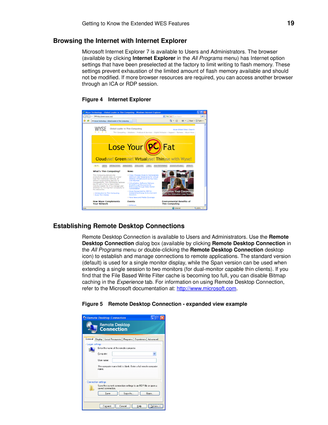 Wyse Technology 90955101L manual Browsing the Internet with Internet Explorer, Establishing Remote Desktop Connections 