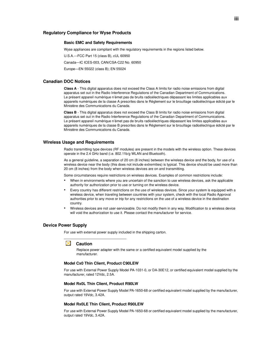 Wyse Technology 90955101L manual Iii, Regulatory Compliance for Wyse Products, Canadian DOC Notices, Device Power Supply 