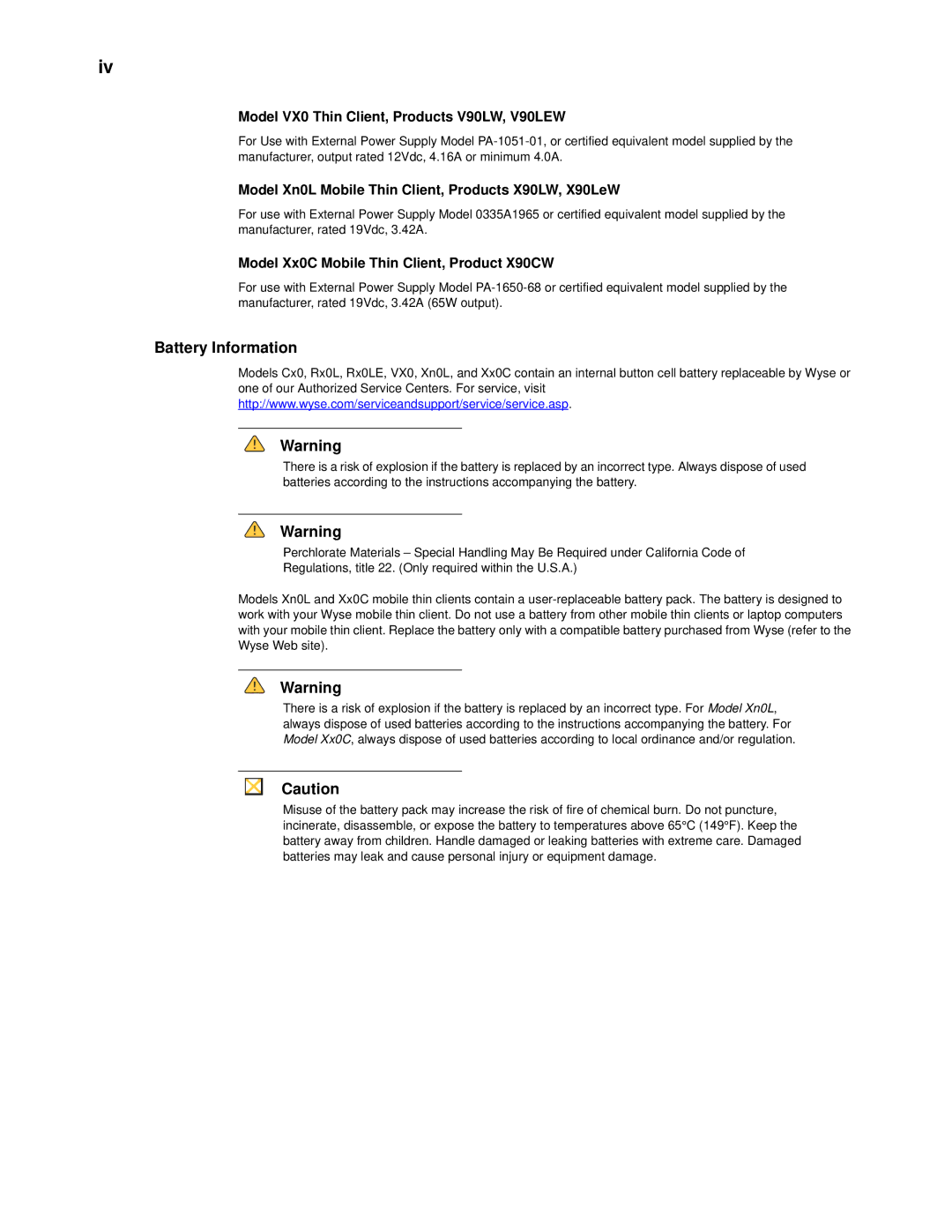 Wyse Technology 90955101L manual Battery Information, Model VX0 Thin Client, Products V90LW, V90LEW 