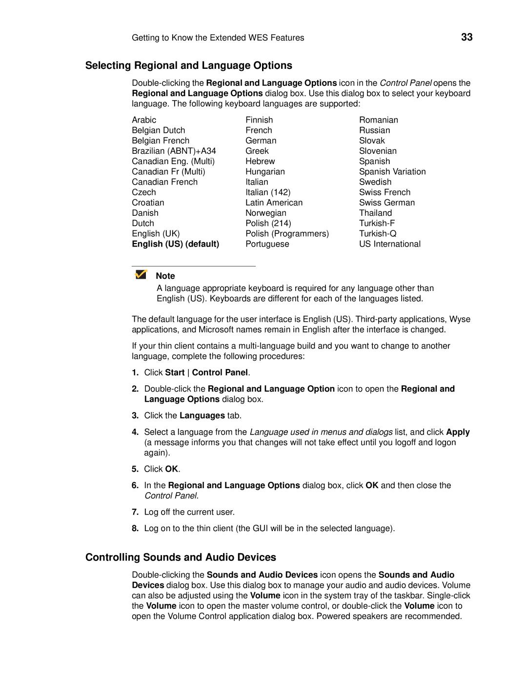 Wyse Technology 90955101L manual Selecting Regional and Language Options, Controlling Sounds and Audio Devices 