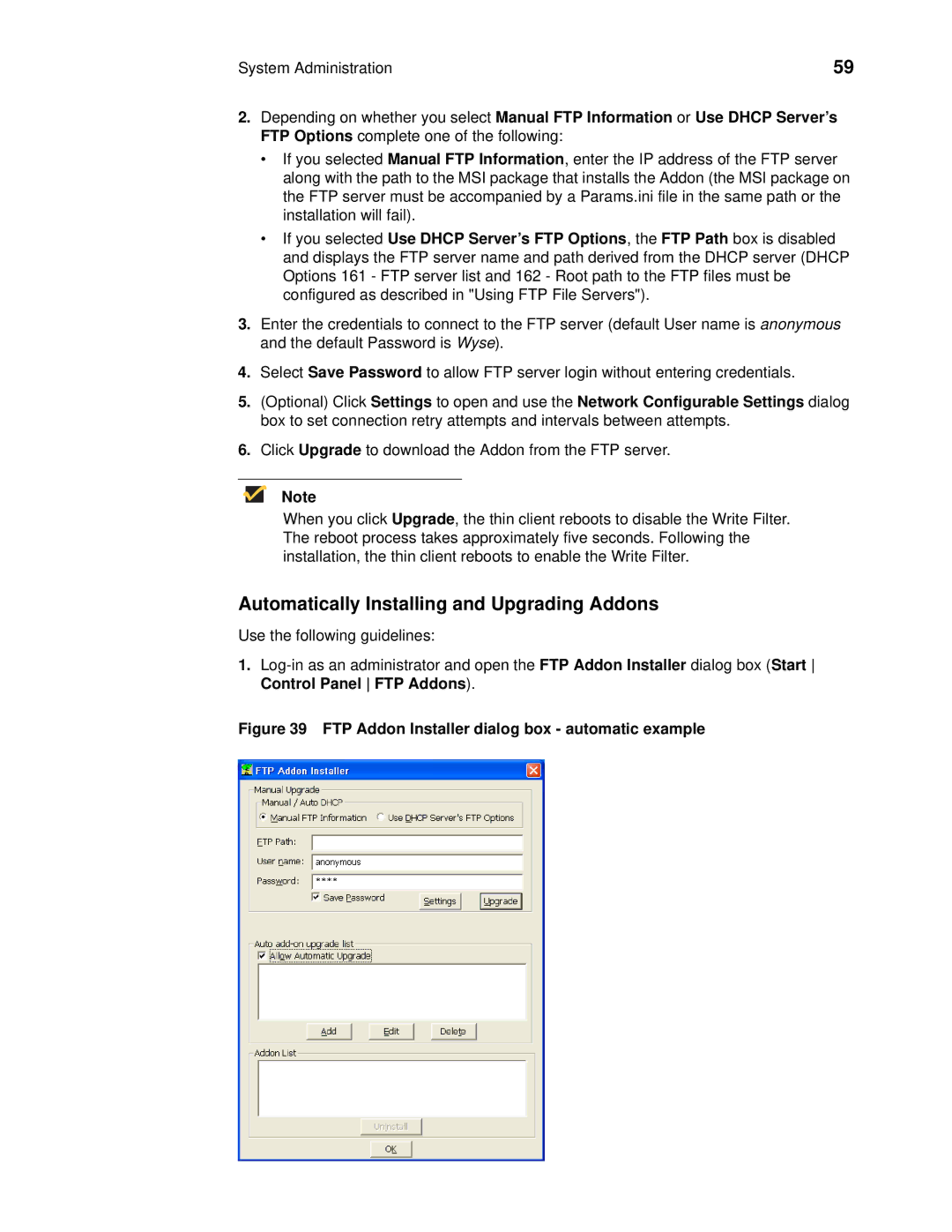 Wyse Technology 90955101L Automatically Installing and Upgrading Addons, FTP Addon Installer dialog box automatic example 