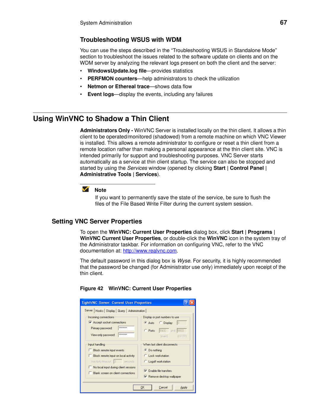 Wyse Technology 90955101L manual Using WinVNC to Shadow a Thin Client, Troubleshooting Wsus with WDM 