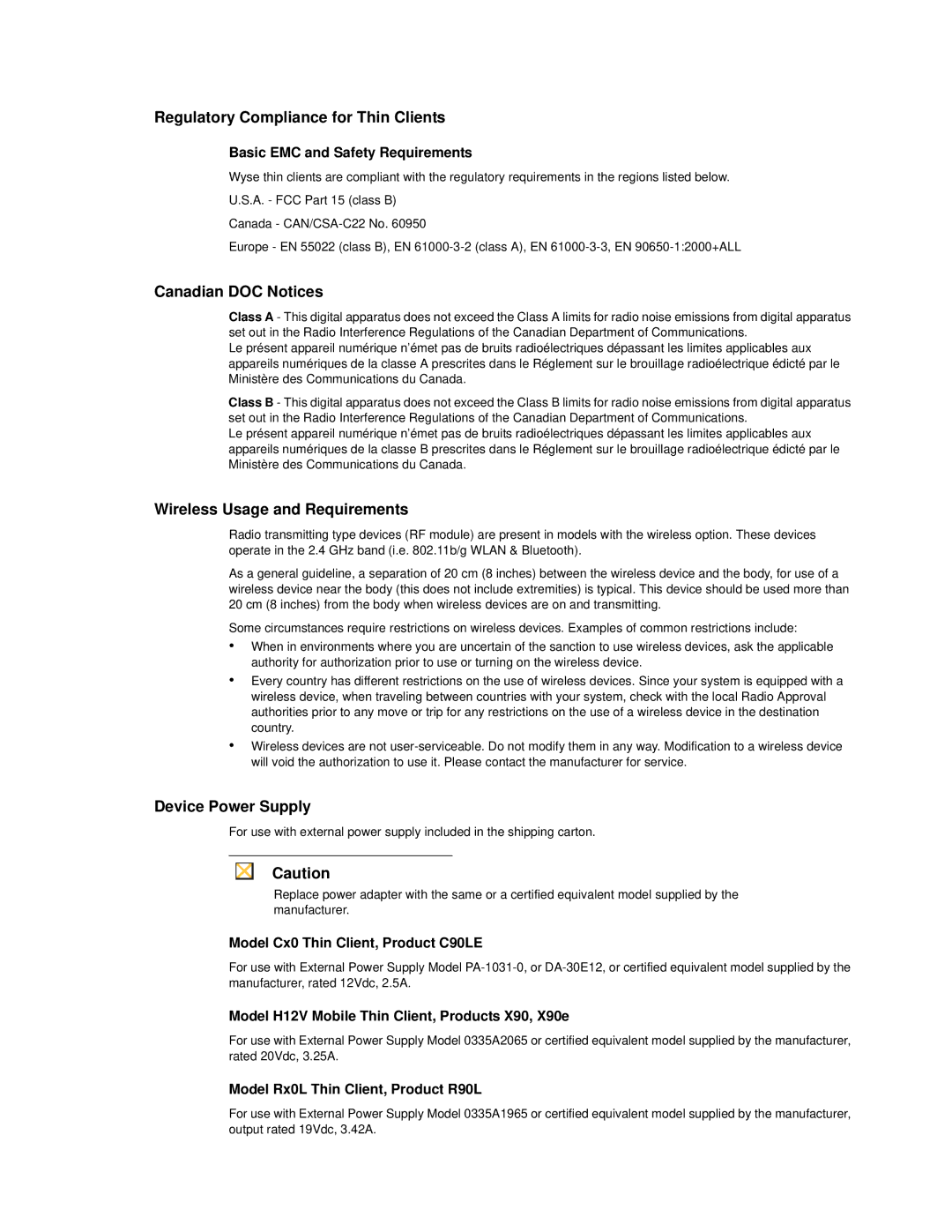 Wyse Technology C90LE, R90L Regulatory Compliance for Thin Clients, Canadian DOC Notices, Wireless Usage and Requirements 