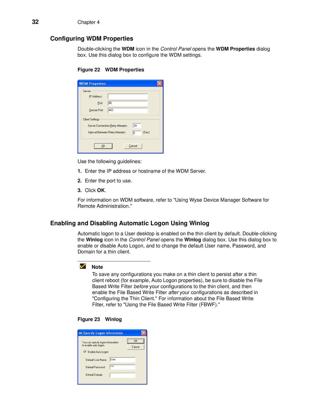 Wyse Technology R90L, C90LE manual Configuring WDM Properties, Enabling and Disabling Automatic Logon Using Winlog 