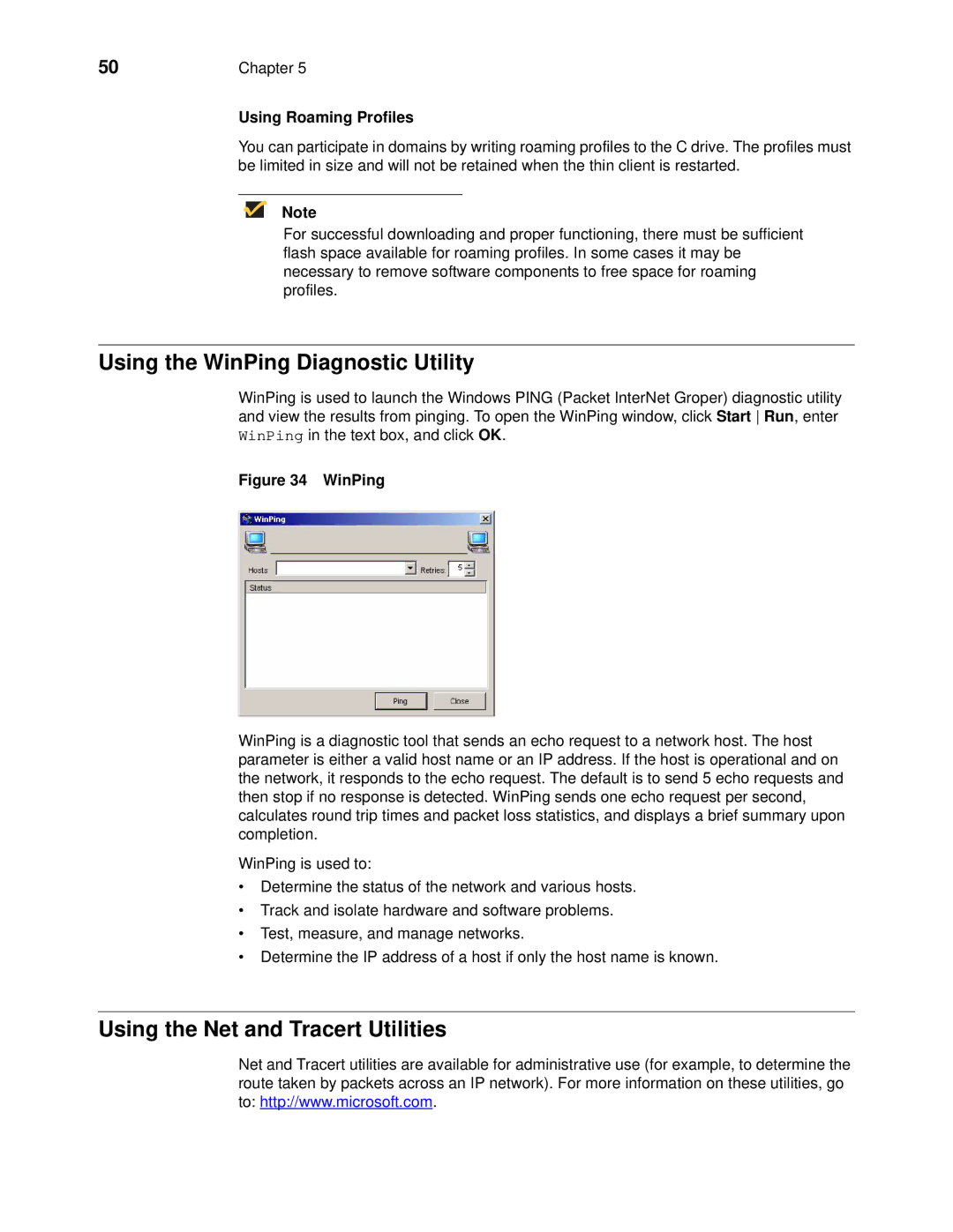 Wyse Technology R90L Using the WinPing Diagnostic Utility, Using the Net and Tracert Utilities, Using Roaming Profiles 