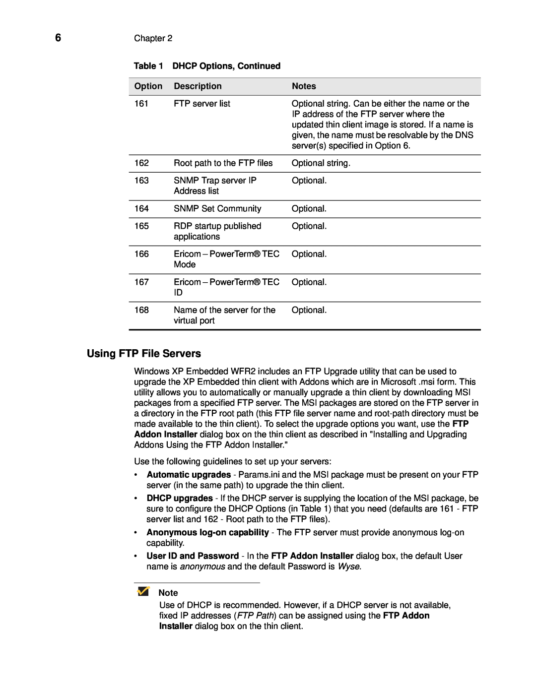 Wyse Technology R90L, C90LE manual Using FTP File Servers, DHCP Options, Continued, Description 