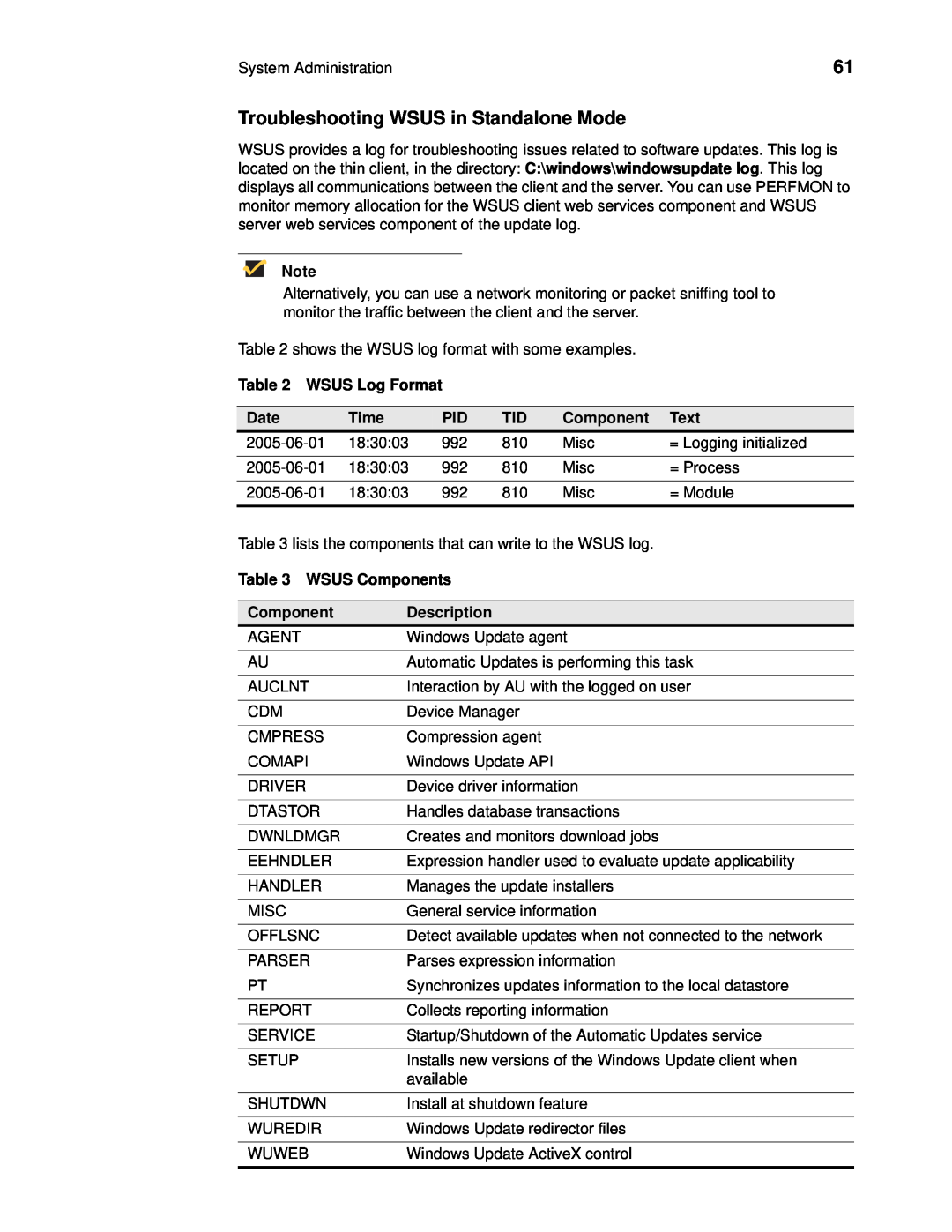 Wyse Technology C90LE Troubleshooting WSUS in Standalone Mode, WSUS Log Format, Date, Time, Component, Text, Description 