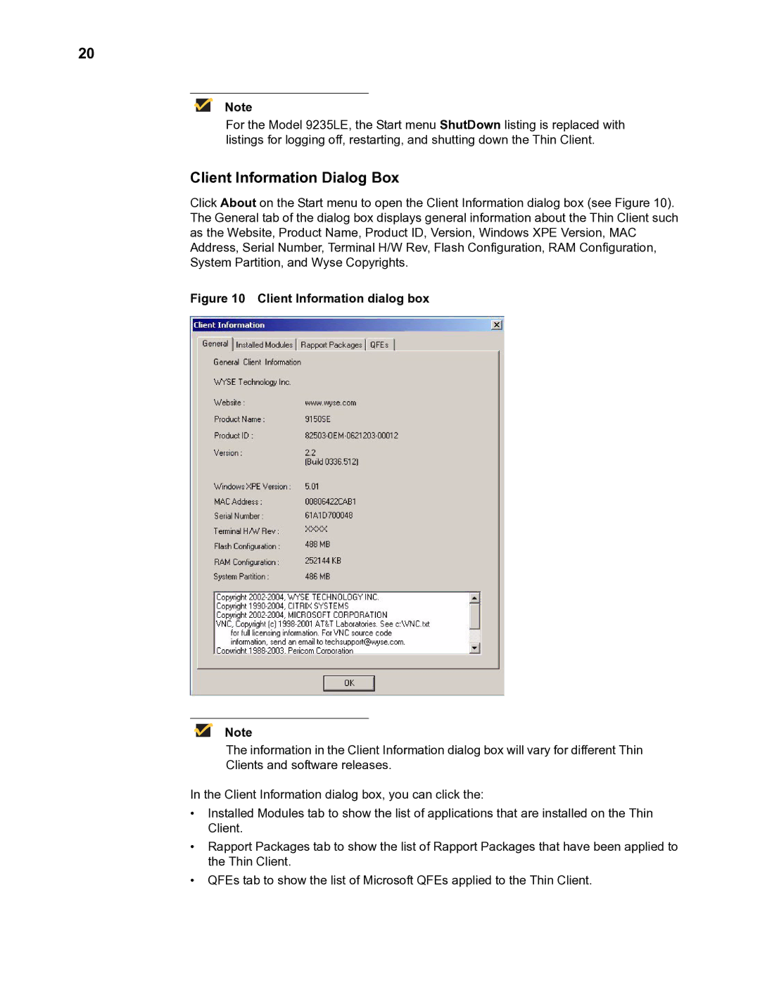 Wyse Technology TM 9000 Series manual Client Information Dialog Box, Client Information dialog box 