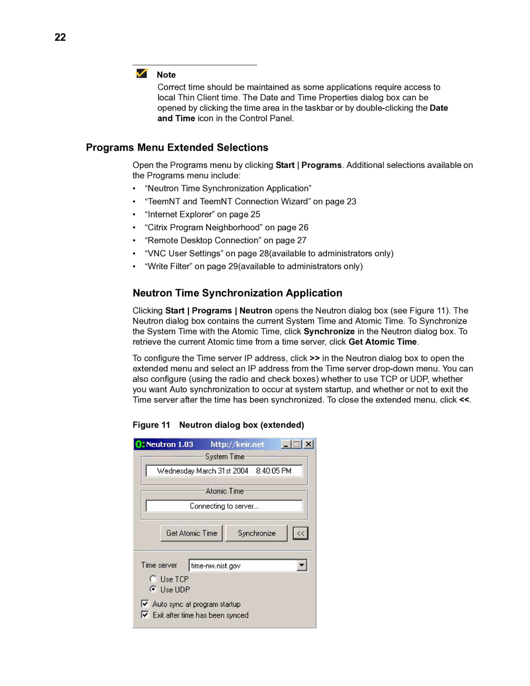 Wyse Technology TM 9000 Series manual Programs Menu Extended Selections, Neutron Time Synchronization Application 