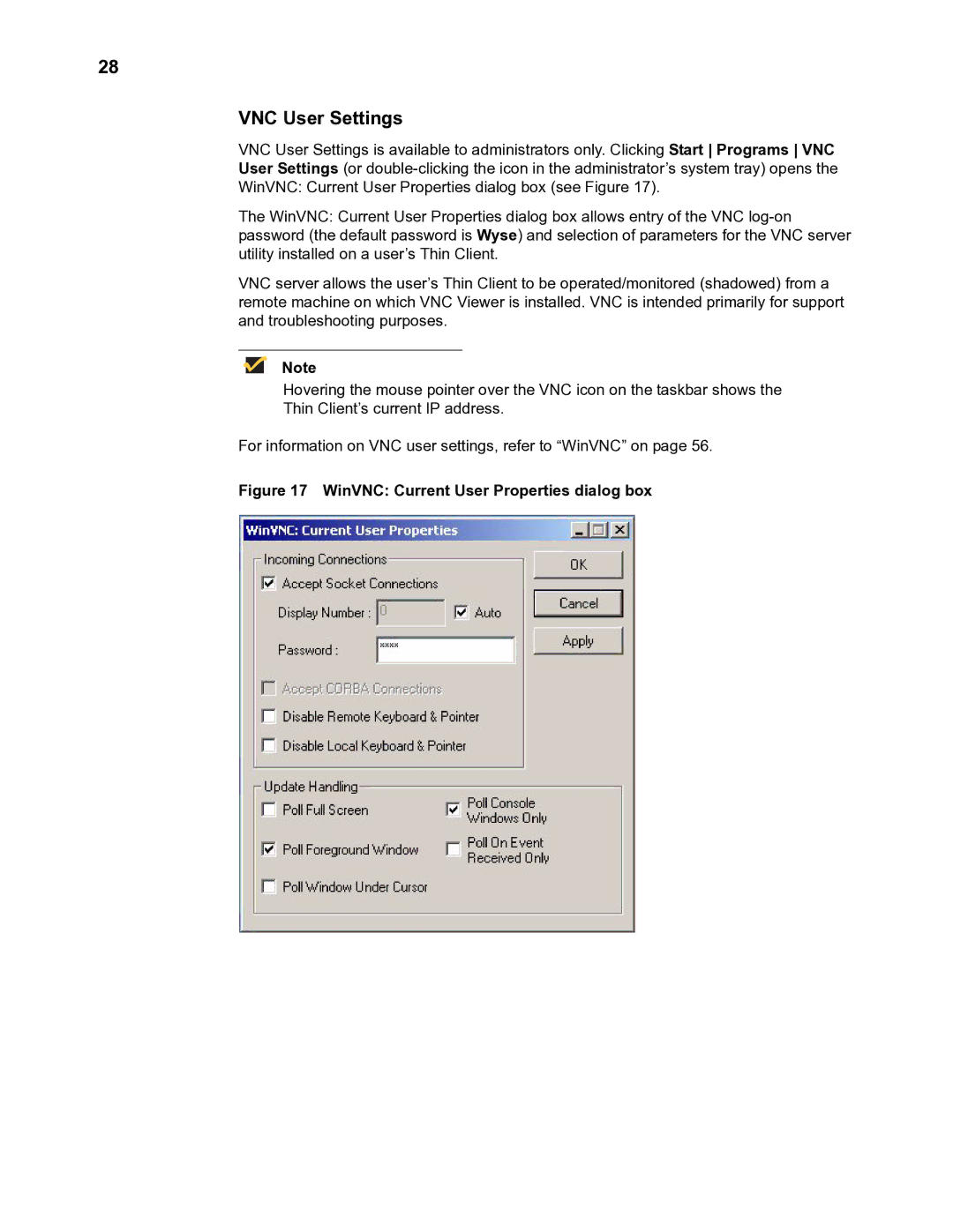 Wyse Technology TM 9000 Series manual VNC User Settings, WinVNC Current User Properties dialog box 