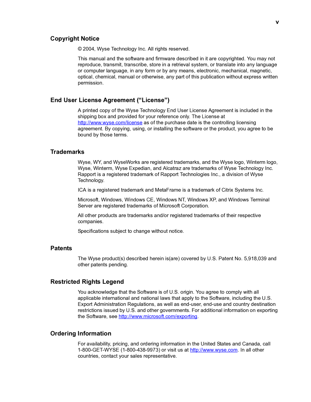 Wyse Technology TM 9000 Series manual Copyright Notice, End User License Agreement License Trademarks, Patents 