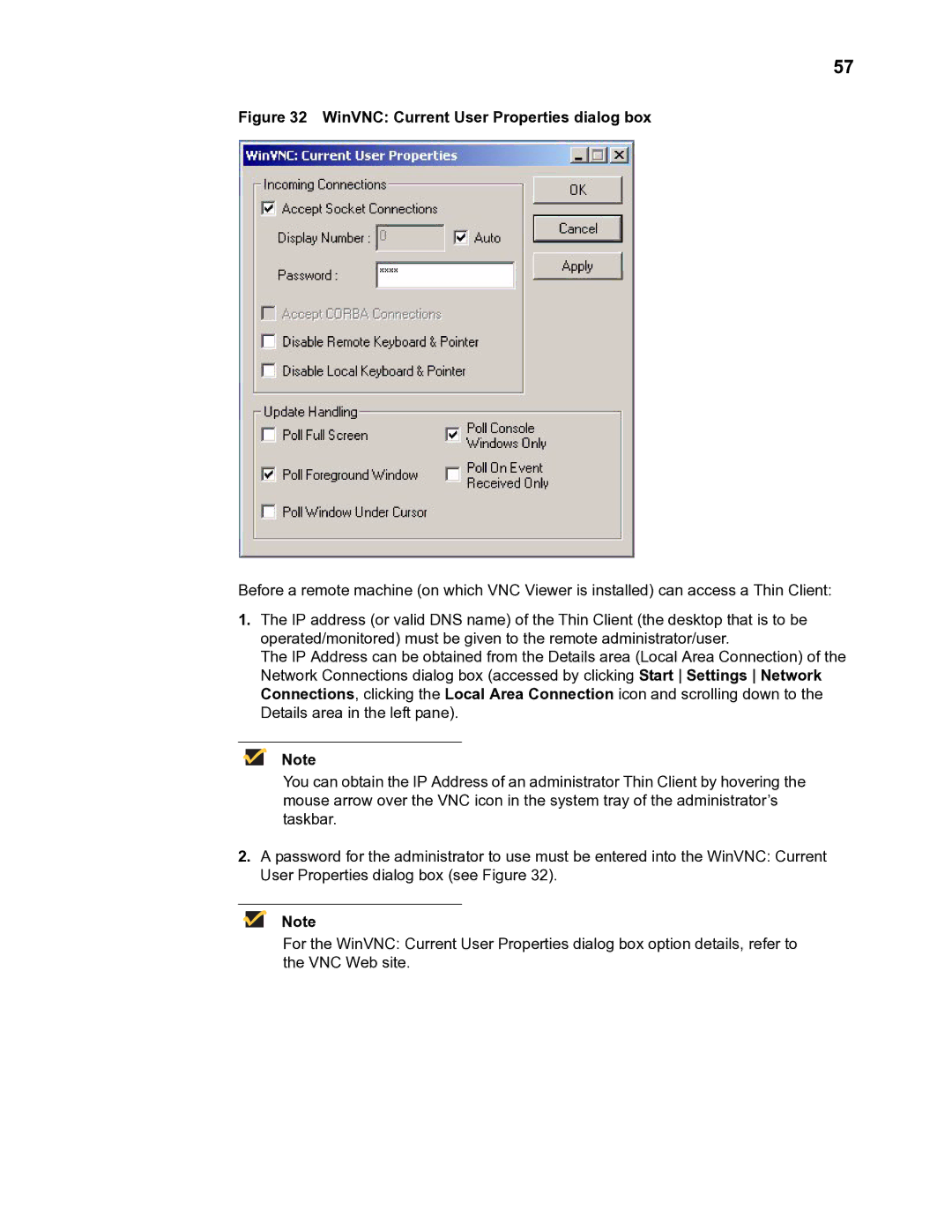 Wyse Technology TM 9000 Series manual WinVNC Current User Properties dialog box 