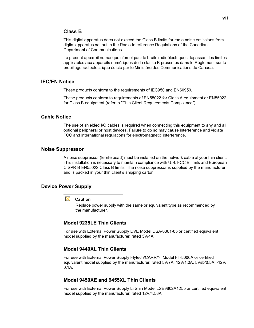 Wyse Technology TM 9000 Series manual Vii Class B, IEC/EN Notice, Cable Notice, Noise Suppressor, Device Power Supply 